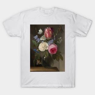 Roses and a Tulip in a Glass Vase - Jan Philips van Thielen Floral Painting T-Shirt